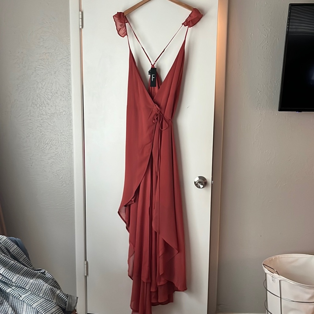 Lulu's Rust Red High-Low Wrap Dress